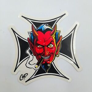 Coop Art Smoking Devil Iron Cross Sticker Decal Hot Rod Vintage 2000's POSTERPOP